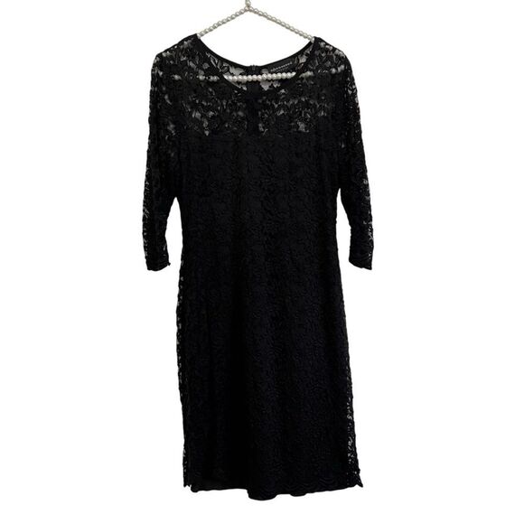 Connected Apparel Black Sheath Lace Dress 3/4 Sleeve Crew Neck Women’s Size 10 - Picture 1 of 12